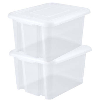 2x stuks kunststof opbergboxen/opbergdozen wit transparant L65 x B50 x H36 cm stapelbaar - Opbergbox