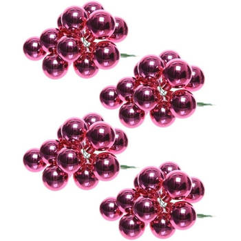40x Fuchsia roze mini kerststukjes insteek kerstballetjes 2 cm van glas - Kerststukjes