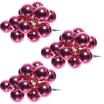 30x Fuchsia roze mini kerststukjes insteek kerstballetjes 2 cm van glas - Kerststukjes