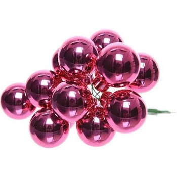 50x Fuchsia roze mini kerststukjes insteek kerstballetjes 2 cm van glas - Kerststukjes