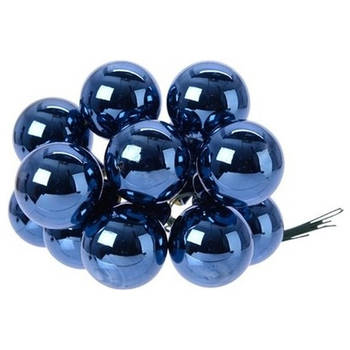 10x Donkerblauwe mini kerststukjes insteek kerstballetjes 2 cm van glas - Kerststukjes