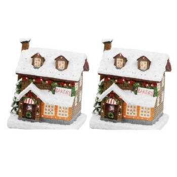2x stuks kerstdorp kersthuisjes bakkerijen met verlichting 9 x 11 x 12,5 cm - Kerstdorpen