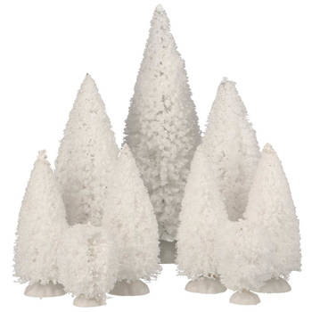 9x stuks kerstdorp onderdelen miniatuur kerstbomen/dennenbomen wit - Kerstdorpen