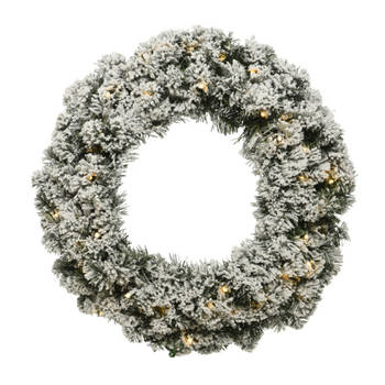 Kerstkrans/dennenkrans groen met sneeuw en warm witte verlichting met timer 35 cm - Kerstkransen