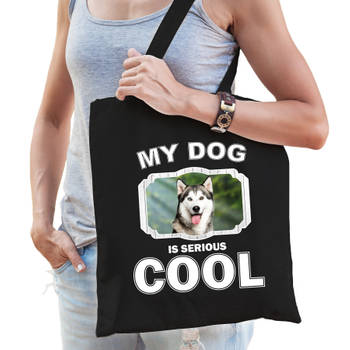 Katoenen tasje my dog is serious cool zwart - Husky honden cadeau tas - Feest Boodschappentassen