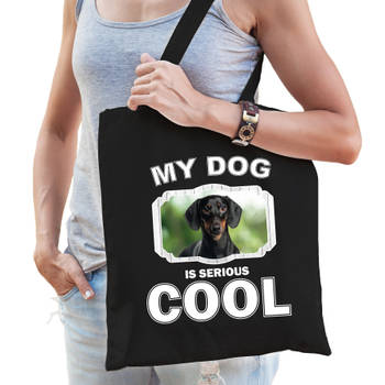 Katoenen tasje my dog is serious cool zwart - Coole teckel honden cadeau tas - Feest Boodschappentassen