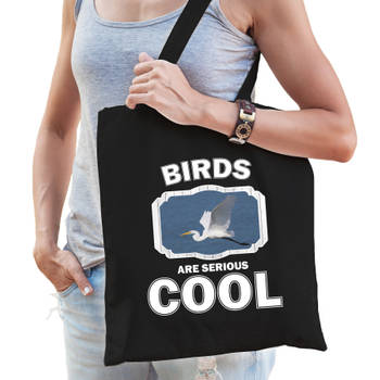 Katoenen tasje birds are serious cool zwart - vogels/ grote zilverreiger cadeau tas - Feest Boodschappentassen