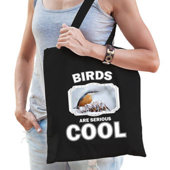 Katoenen tasje birds are serious cool zwart - vogels/ boomklever vogel cadeau tas - Feest Boodschappentassen