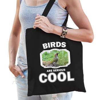 Katoenen tasje birds are serious cool zwart - vogels/ groene specht cadeau tas - Feest Boodschappentassen