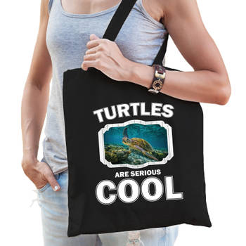 Katoenen tasje turtles are serious cool zwart - schildpadden/ zee schildpad cadeau tas - Feest Boodschappentassen