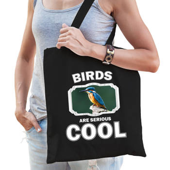 Katoenen tasje birds are serious cool zwart - vogels/ ijsvogel zittend cadeau tas - Feest Boodschappentassen