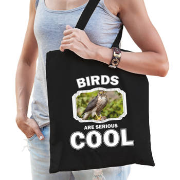 Katoenen tasje birds are serious cool zwart - vogels/ havik roofvogel cadeau tas - Feest Boodschappentassen