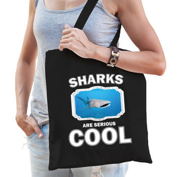 Katoenen tasje sharks are serious cool zwart - haaien/ walvishaai cadeau tas - Feest Boodschappentassen