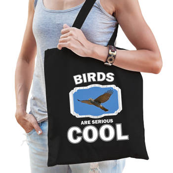 Katoenen tasje birds are serious cool zwart - vogels/ vliegende havik roofvogel cadeau tas - Feest Boodschappentassen