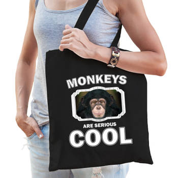 Katoenen tasje monkeys are serious cool zwart - apen/ leuke chimpansee cadeau tas - Feest Boodschappentassen