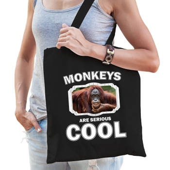 Katoenen tasje monkeys are serious cool zwart - apen/ gekke orangoetan cadeau tas - Feest Boodschappentassen