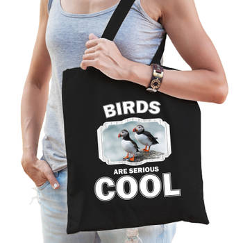 Katoenen tasje birds are serious cool zwart - vogels/ papegaaiduiker vogel cadeau tas - Feest Boodschappentassen