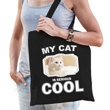 Katoenen tasje my cat is serious cool zwart - Witte katten / katten cadeau tas - Feest Boodschappentassen