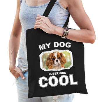 Katoenen tasje my dog is serious cool zwart - Charles spaniel honden cadeau tas - Feest Boodschappentassen