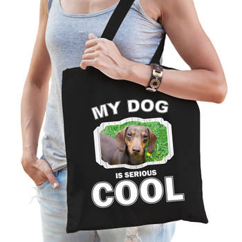 Katoenen tasje my dog is serious cool zwart - Teckel honden cadeau tas - Feest Boodschappentassen