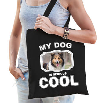 Katoenen tasje my dog is serious cool zwart - Sheltie honden cadeau tas - Feest Boodschappentassen