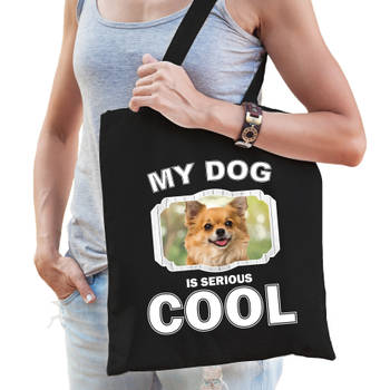 Katoenen tasje my dog is serious cool zwart - Chihuahua honden cadeau tas - Feest Boodschappentassen