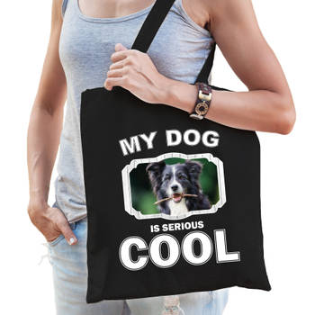 Katoenen tasje my dog is serious cool zwart - Border collie honden cadeau tas - Feest Boodschappentassen