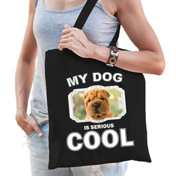 Katoenen tasje my dog is serious cool zwart - Shar pei honden cadeau tas - Feest Boodschappentassen