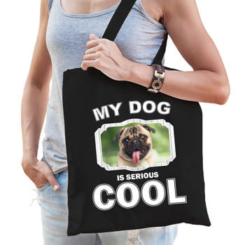 Katoenen tasje my dog is serious cool zwart - mopshond honden cadeau tas - Feest Boodschappentassen