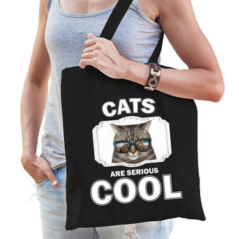 Katoenen tasje cats are serious cool zwart - katten/ coole poes cadeau tas - Feest Boodschappentassen