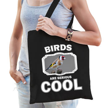 Katoenen tasje birds are serious cool zwart - vogels/ putter vogel cadeau tas - Feest Boodschappentassen