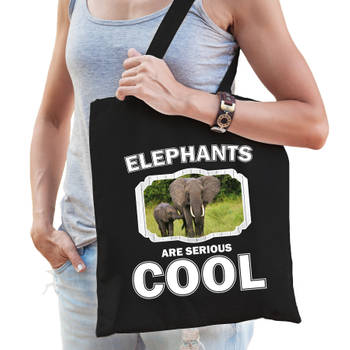 Katoenen tasje elephants are serious cool zwart - olifanten/ olifant cadeau tas - Feest Boodschappentassen
