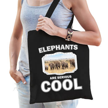 Katoenen tasje elephants are serious cool zwart - kudde olifanten/ olifant cadeau tas - Feest Boodschappentassen