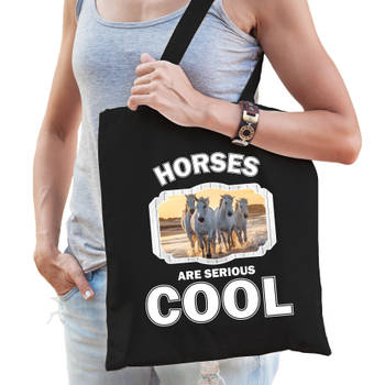 Katoenen tasje horses are serious cool zwart - witte paarden/ paard cadeau tas - Feest Boodschappentassen