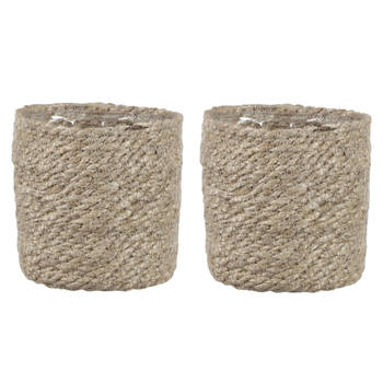 2x stuks naturel rotan planten pot mand van gedraaid jute/riet H12 en D12 cm - Plantenpotten