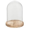 HAES DECO - Decoratieve glazen stolp met lichtbruin houten voet, diameter 12 cm en hoogte 17 cm - ST021681