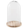 HAES DECO - Decoratieve glazen stolp met lichtbruin houten voet, diameter 18 cm en hoogte 28 cm - ST021701