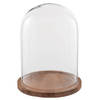 HAES DECO - Decoratieve glazen stolp met bruin houten voet, diameter 23 cm en hoogte 29 cm - ST021661