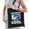 Katoenen tasje dolphins are serious cool zwart - dolfijnen/ dolfijn groep cadeau tas - Feest Boodschappentassen