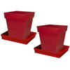 Set van 2x stuks bloempotten Toscane vierkant kunststof rood 39 x 39 x 39 cm inclusief onderschalen - Plantenpotten