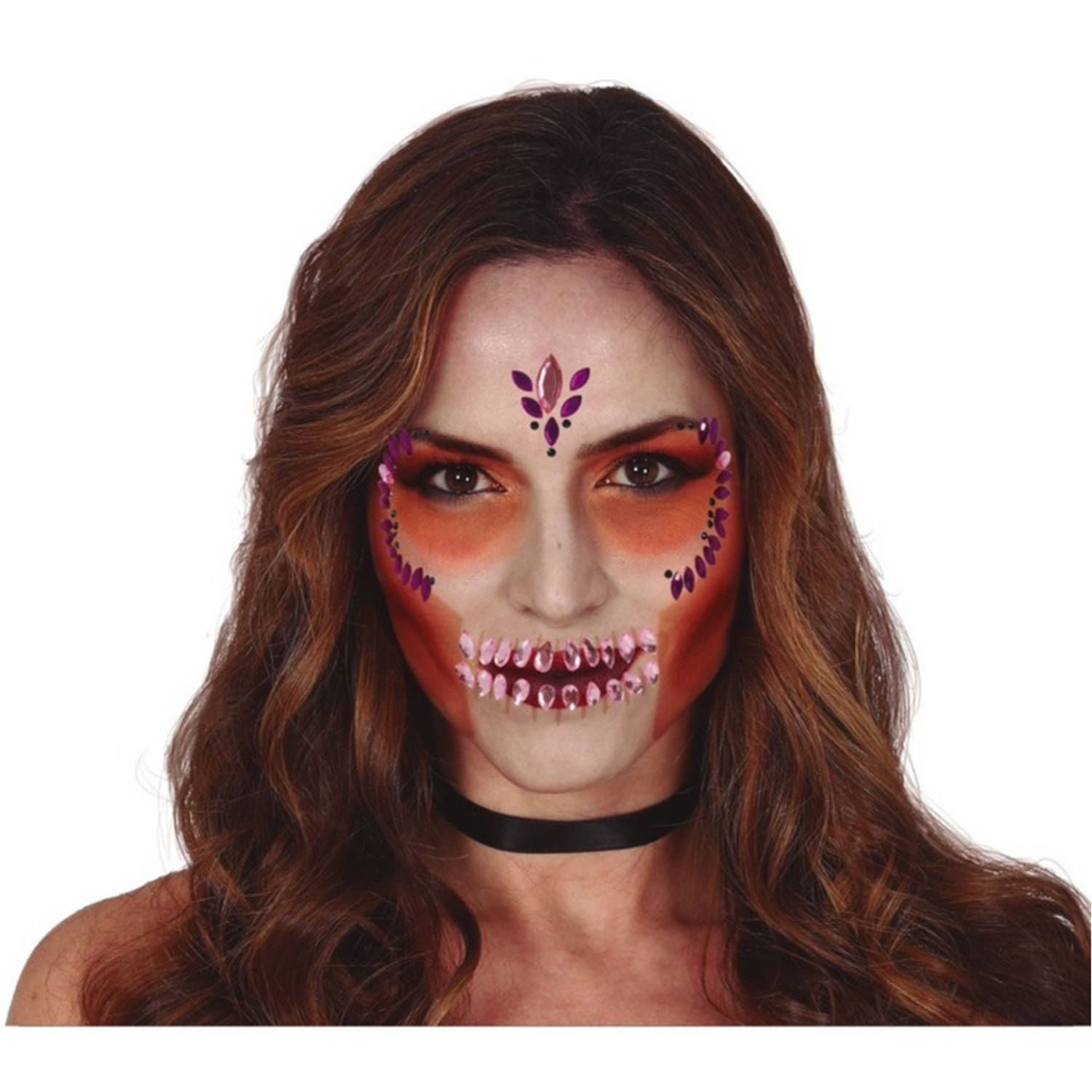 Halloween - Plak diamantjes schedel / sugarskull gezicht versiering paars - Halloween gezicht make-up/schmink steentjes