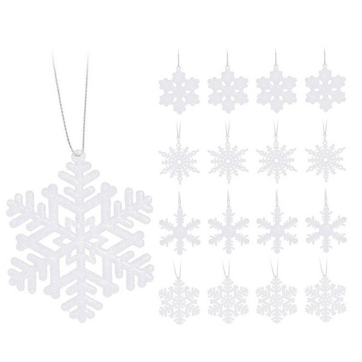 16x Witte Sneeuwvlok/ijsster Kerstornamenten Kerst Hangers 10 Cm Met Glitters - Kersthangers