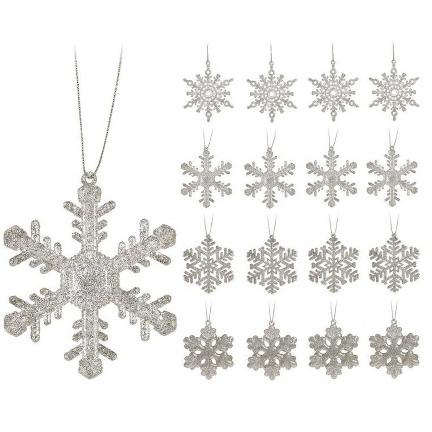 16x Zilveren Sneeuwvlok-ijsster Kerstornamenten Kerst Hangers 10 Cm Met Glitters Kersthangers