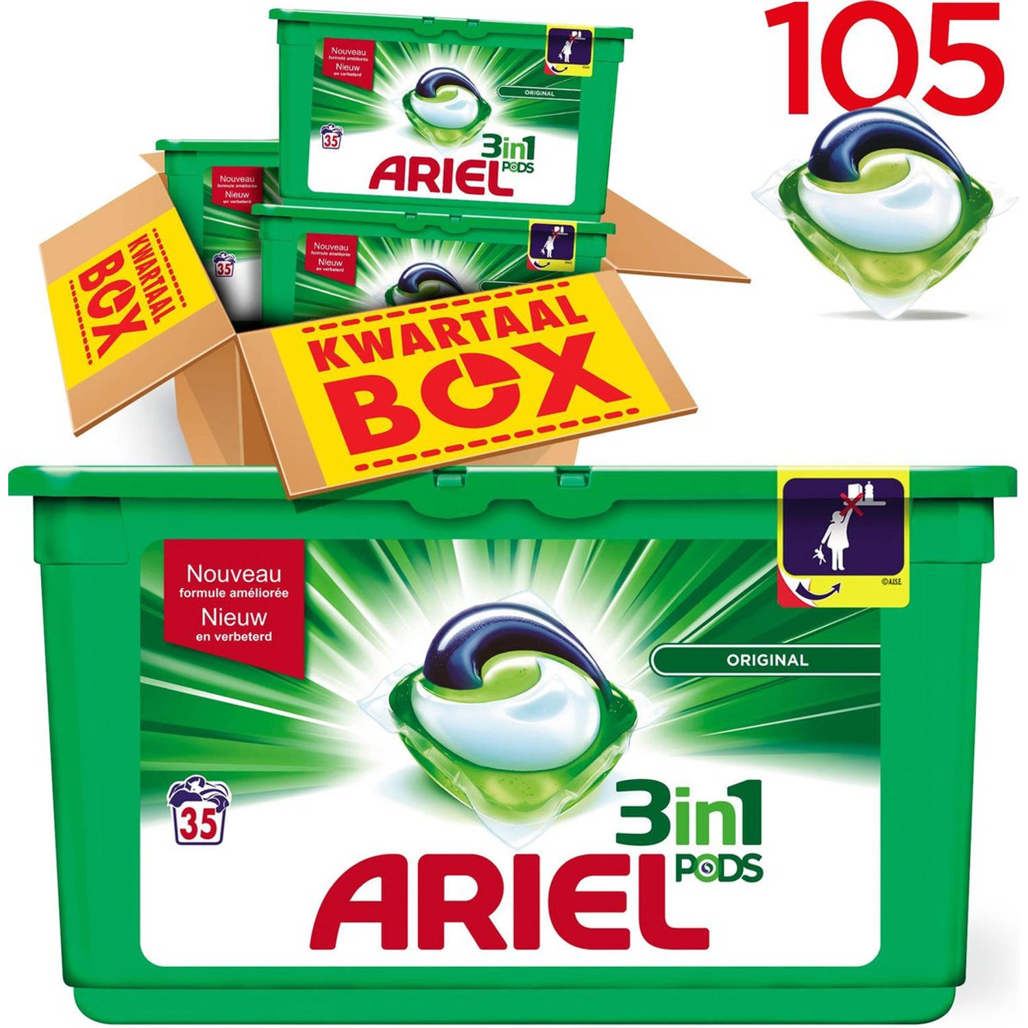 Ariel 3in1 Pods Original - Kwartaalbox 105 Wasbeurten - Wasmiddel Capsules