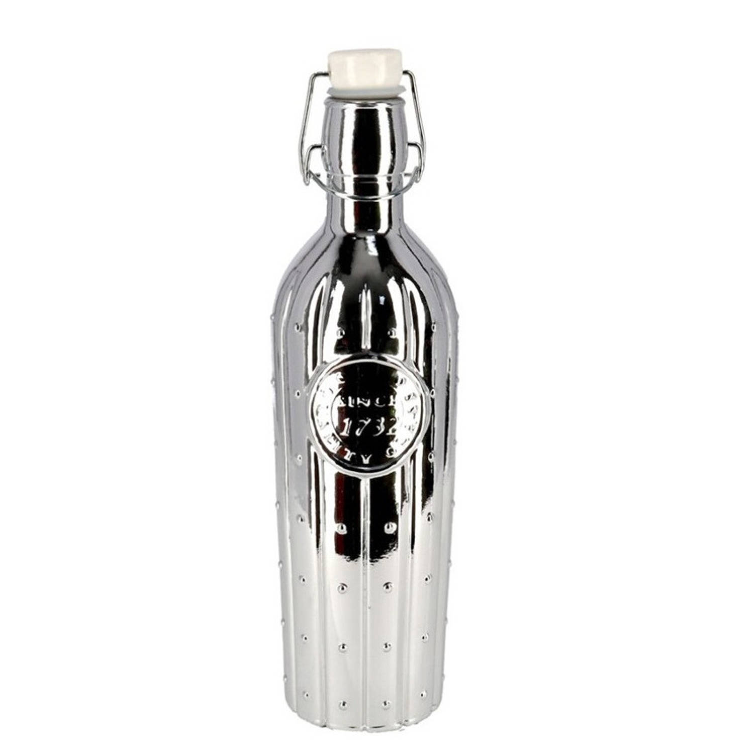 1x Glazen decoratie flessen zilver met beugeldop 1 liter - Decoratieve flessen