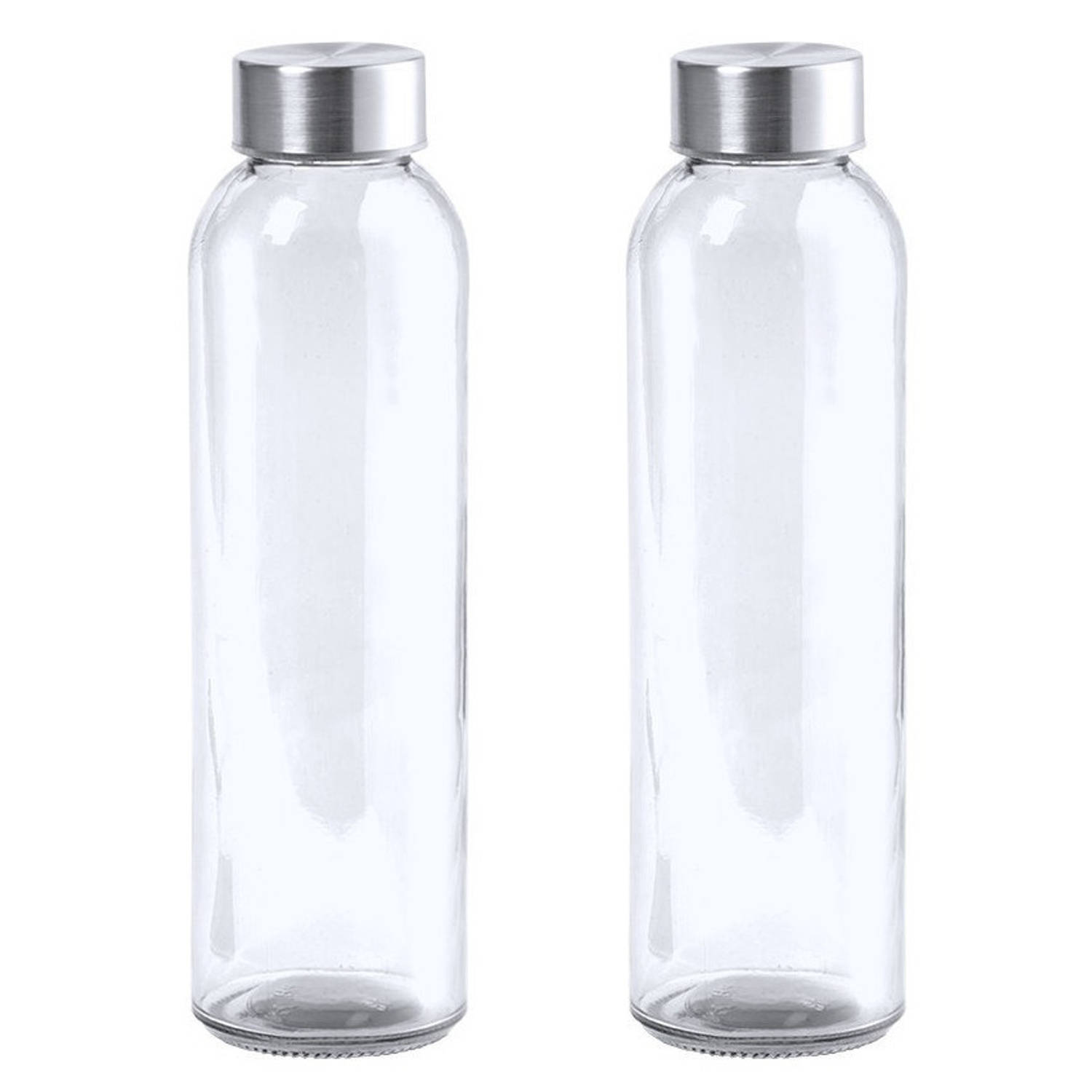 2x Stuks Glazen Waterfles-drinkfles Transparant Met Rvs Dop 550 Ml Drinkflessen