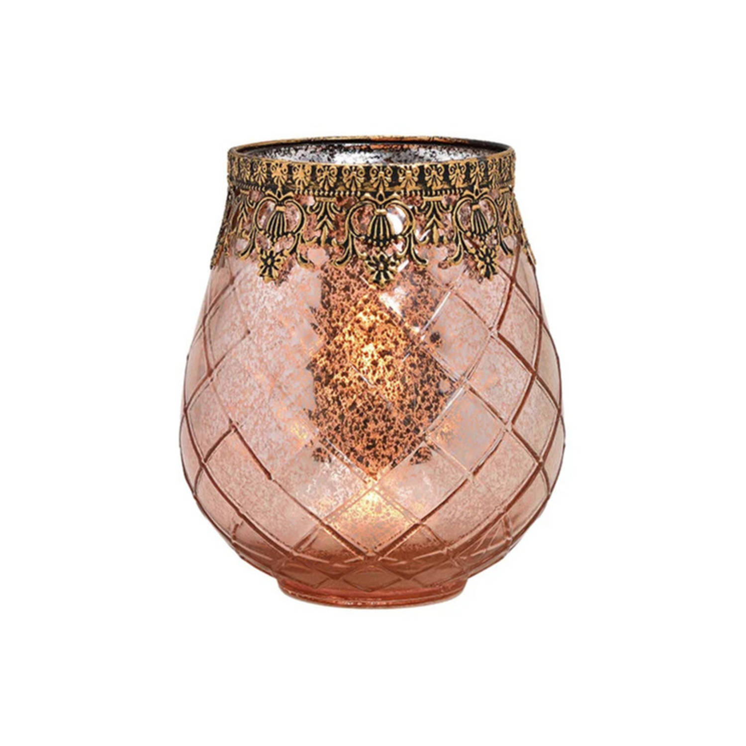 Glazen Design Windlicht-kaarsenhouder In De Kleur Rose Goud Met Formaat 16 X 18 X 16 Cm Voor Waxinel