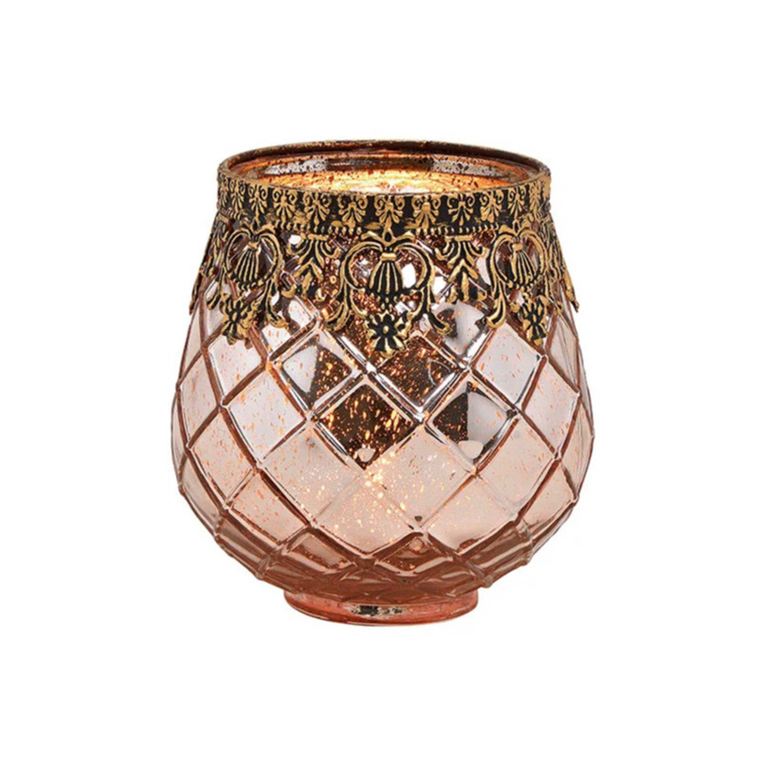 Glazen Design Windlicht-kaarsenhouder In De Kleur Rose Goud Met Formaat 13 X 14 X 13 Cm Voor Waxinel