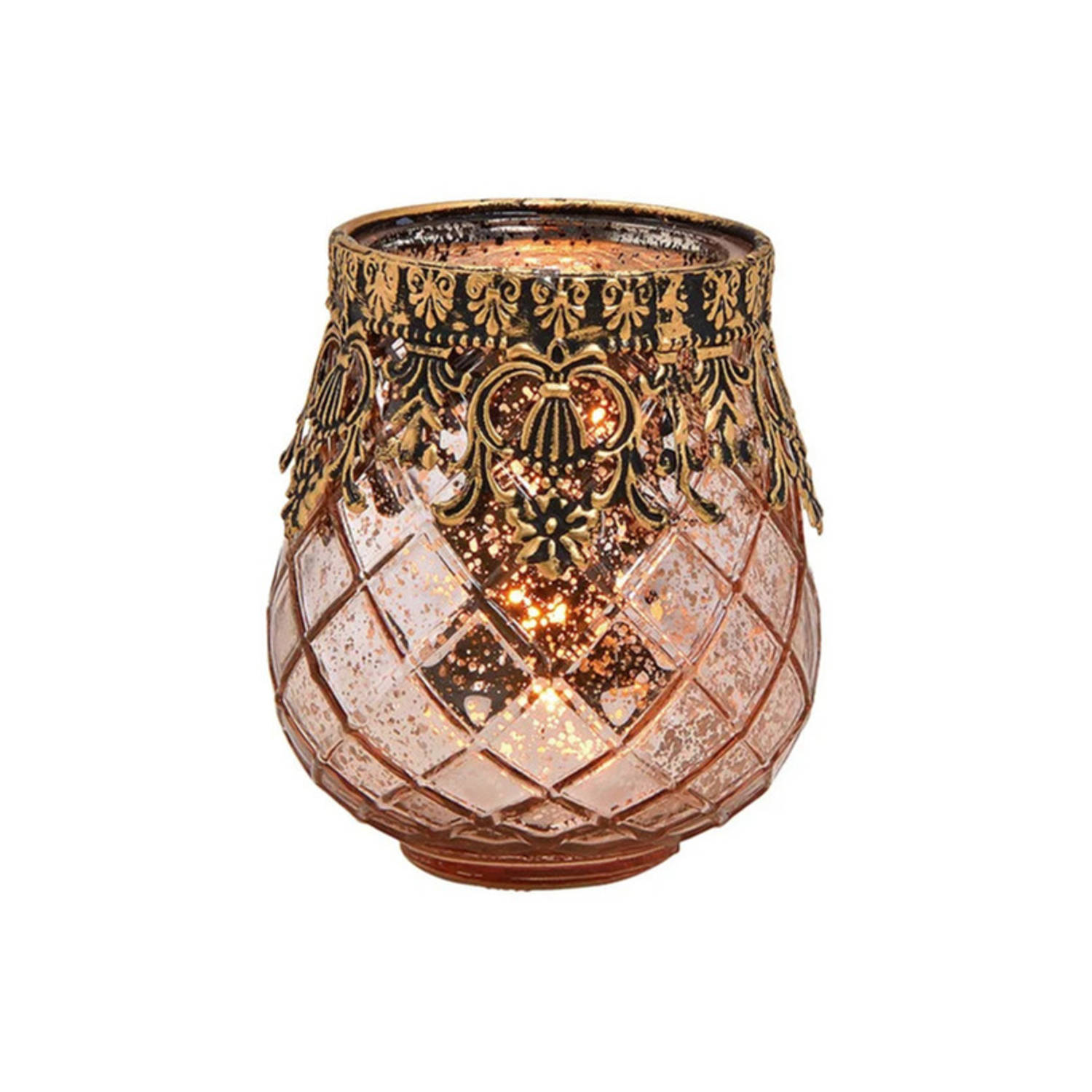 Glazen Design Windlicht-kaarsenhouder In De Kleur Rose Goud Met Formaat 9 X 10 X 9 Cm. Voor Waxineli
