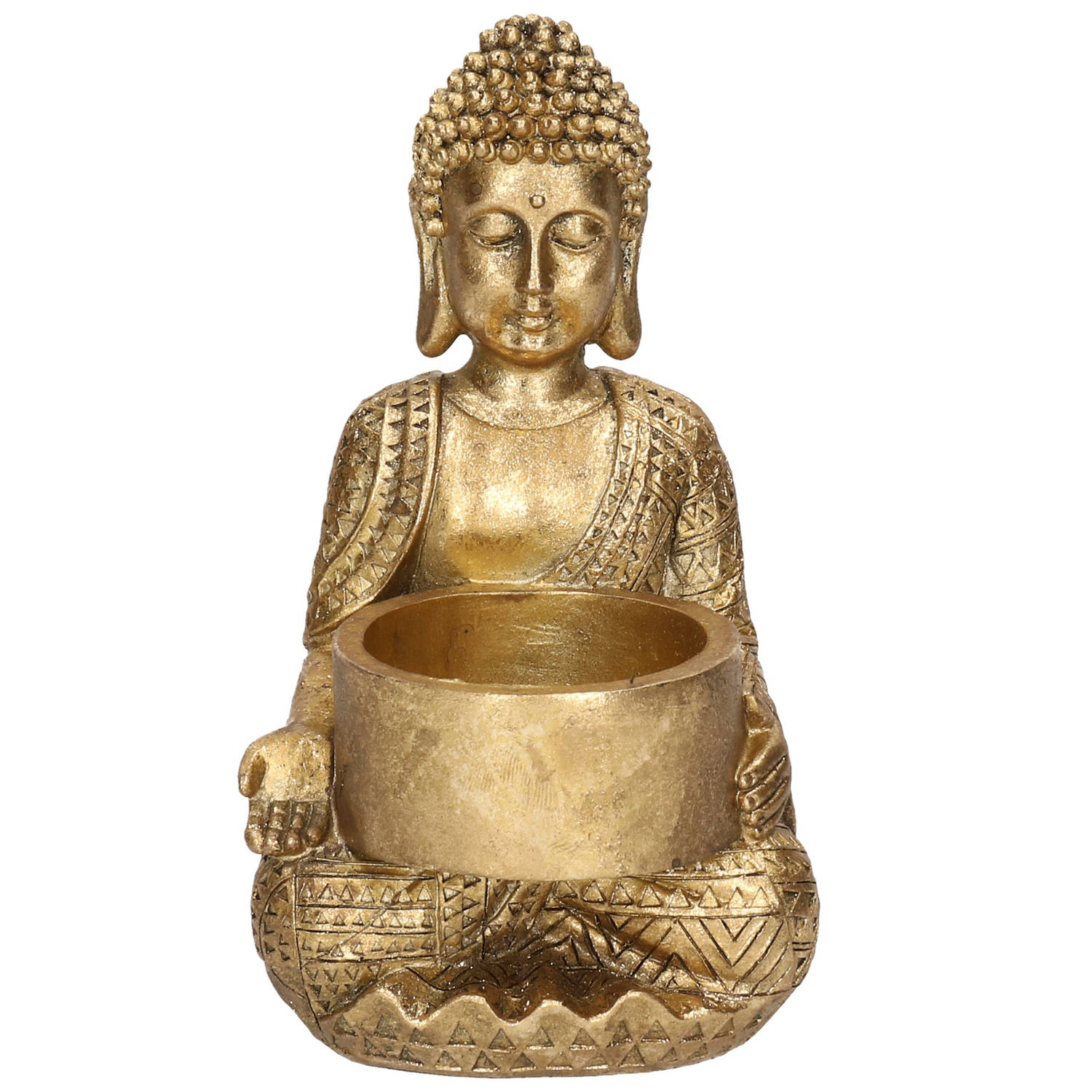 Decoratie Boeddha Beeldje Met Theelichthouder Goud Zittend 14 Cm Waxinelichtjeshouders